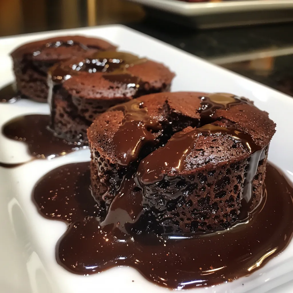 A mouthwatering molten lava cake with melted chocolate spilling from the center.