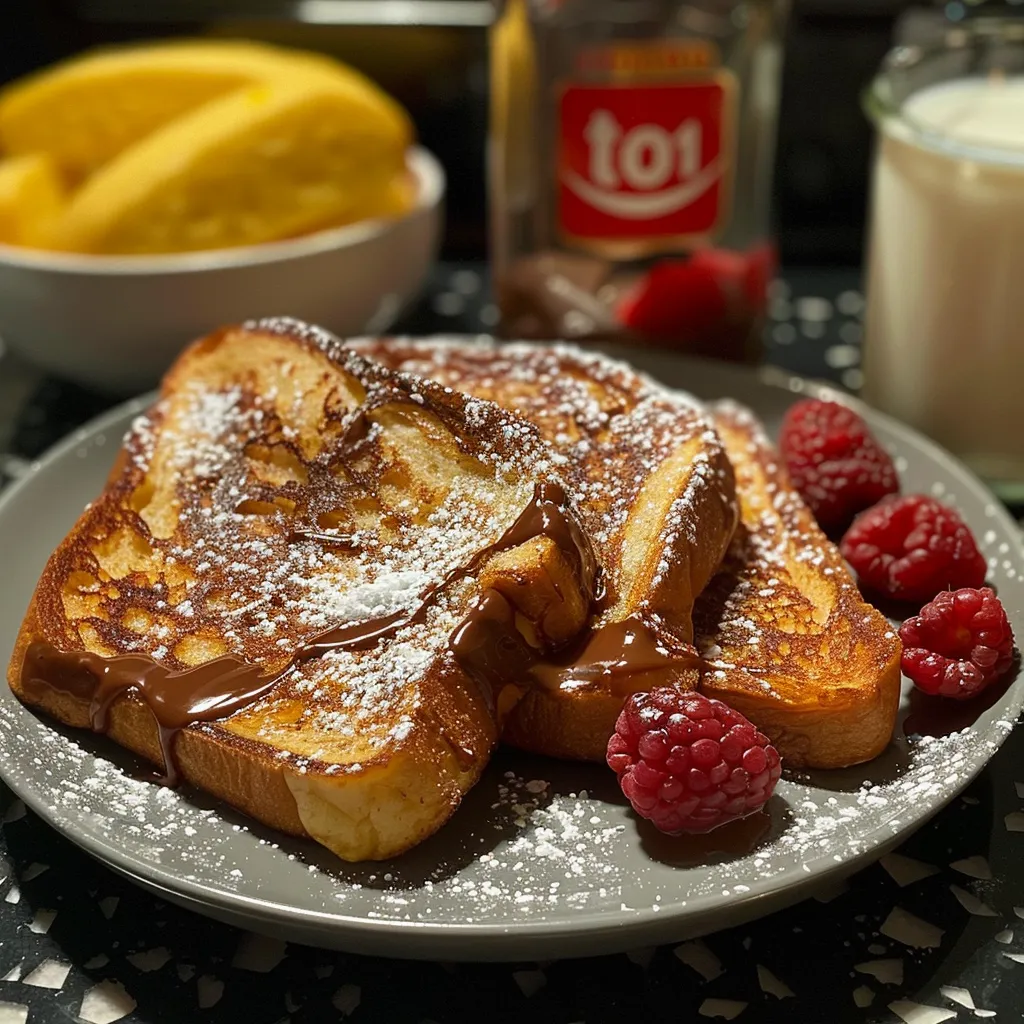 Delicious stack of brioche French Toast with Nutella filling, garnished with berries.