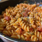 Side view of a delicious bowl of creamy tomato pasta showcasing pasta shapes and vibrant sauce.