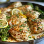 Delicious chicken thighs with a lemon garlic cream sauce served on a plate.