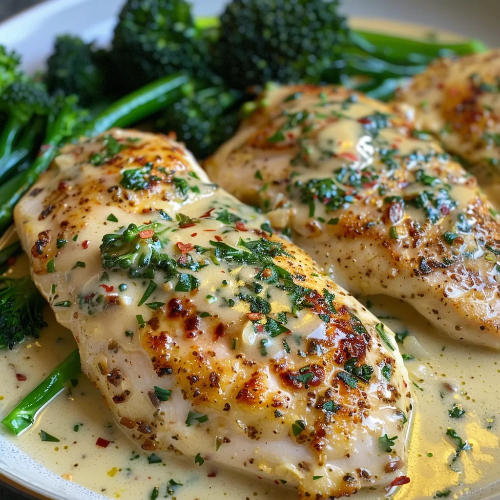Side view of One Skillet Chicken with broccolini garnished with parsley.