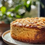 A beautifully baked orange almond cake with a golden crust and decorative orange zest on top.