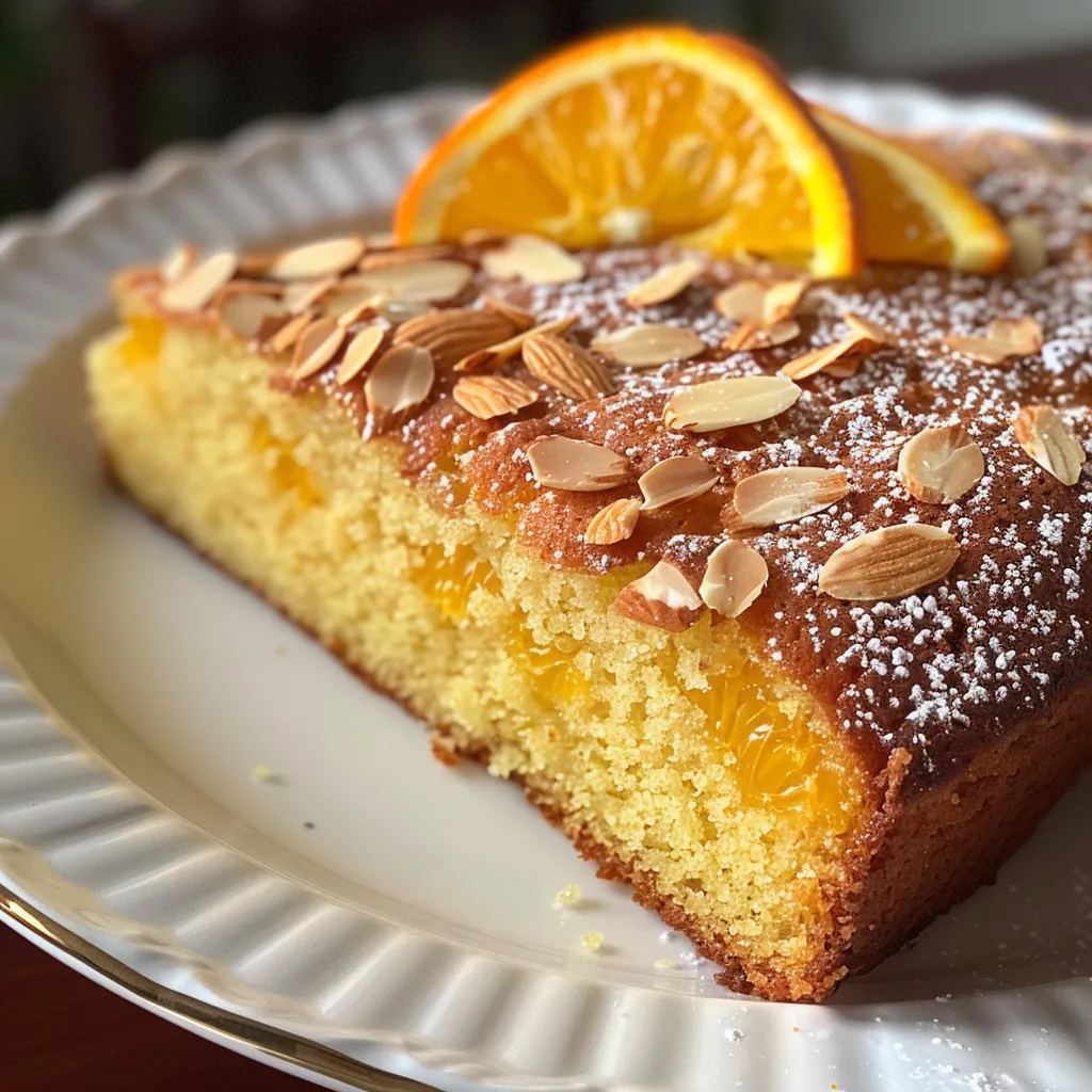 Close-up of a slice of orange almond cake with a rich texture and almond garnish.