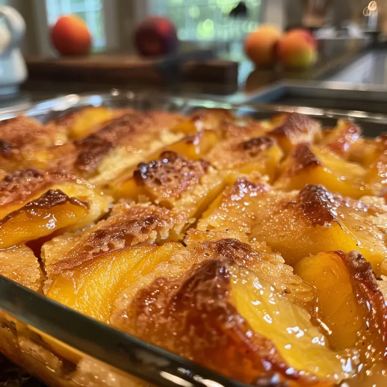 Sweet Simplicity: Crafting the Ultimate Peach Dump Cake Experience A side view close-up of a decadent Peach Dump Cake, emphasizing the layers of cake and peaches in syrup.
