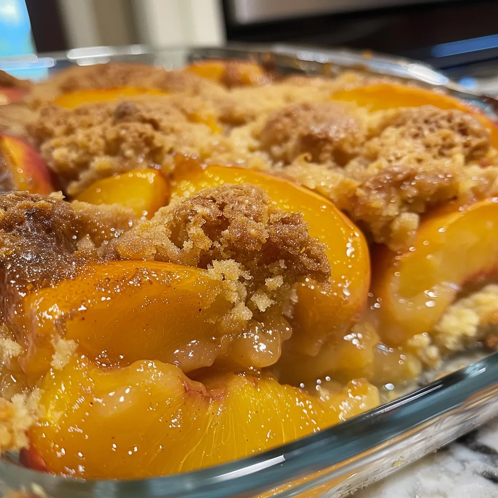 Detailed close-up of a Peach Dump Cake, highlighting the golden cake mix and luscious peach filling.