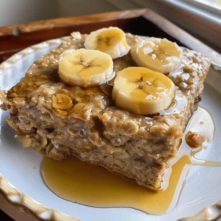 Bowl filled with warm, baked oatmeal topped with banana slices and peanut butter.