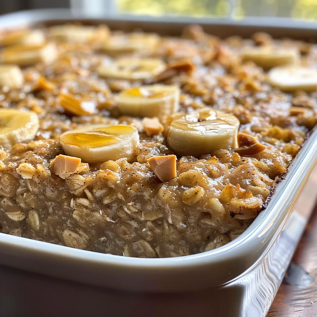 Deliciously moist peanut butter banana baked oatmeal with a golden top.