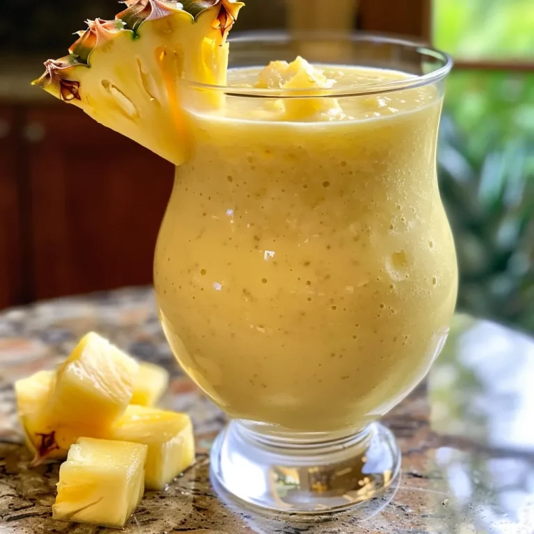 Side view of a delicious tropical smoothie featuring pineapple and coconut, garnished with fresh fruit.