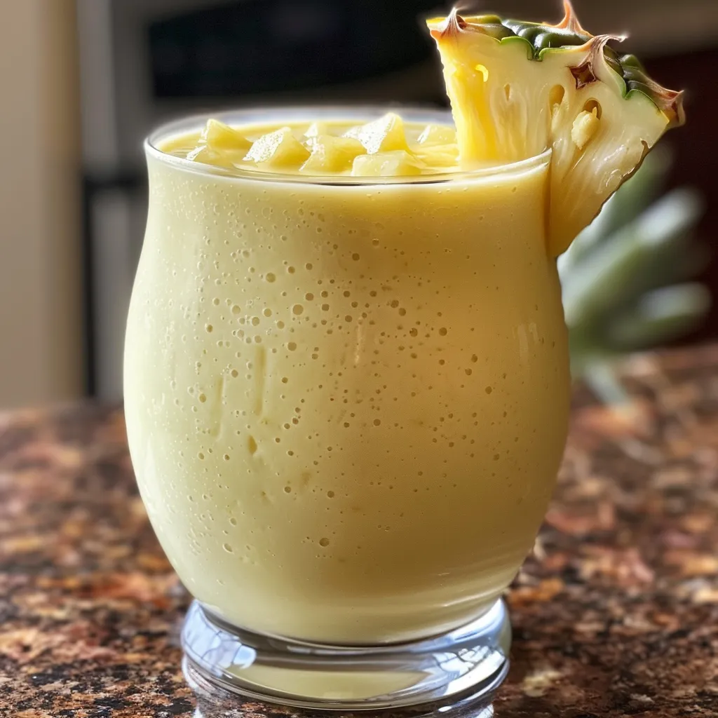 A creamy smoothie made with pineapple and coconut, presented in a stylish glass.