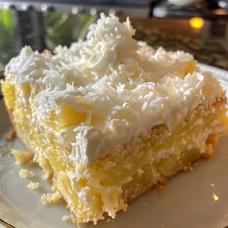 A vibrant side view of a Coconut Dream Cake adorned with whipped topping and fresh coconut.