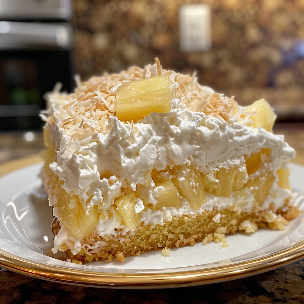 A detailed shot of a Pineapple Coconut Dream Cake with melted cream cheese frosting and juicy pineapple peeking through.