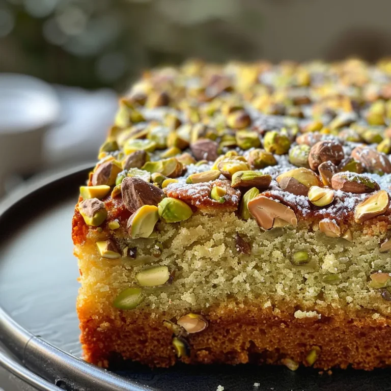 Indulge in the Sweet Symphony of Pistachio Bliss Cake with Dripping Honey Detailed view of a Pistachio Bliss Cake with vibrant green layers and a glossy honey drizzle.