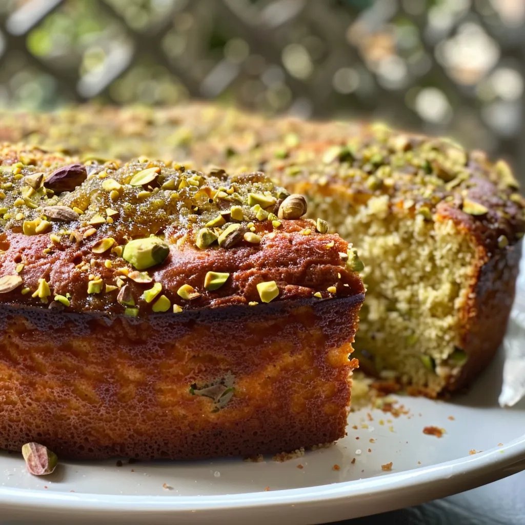 Succulent Pistachio Bliss Cake with honey dripping down the sides, highlighting its rich texture.