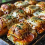 Juicy pizza sliders featuring golden buns, mozzarella, and hot honey glaze, presented on a plate.