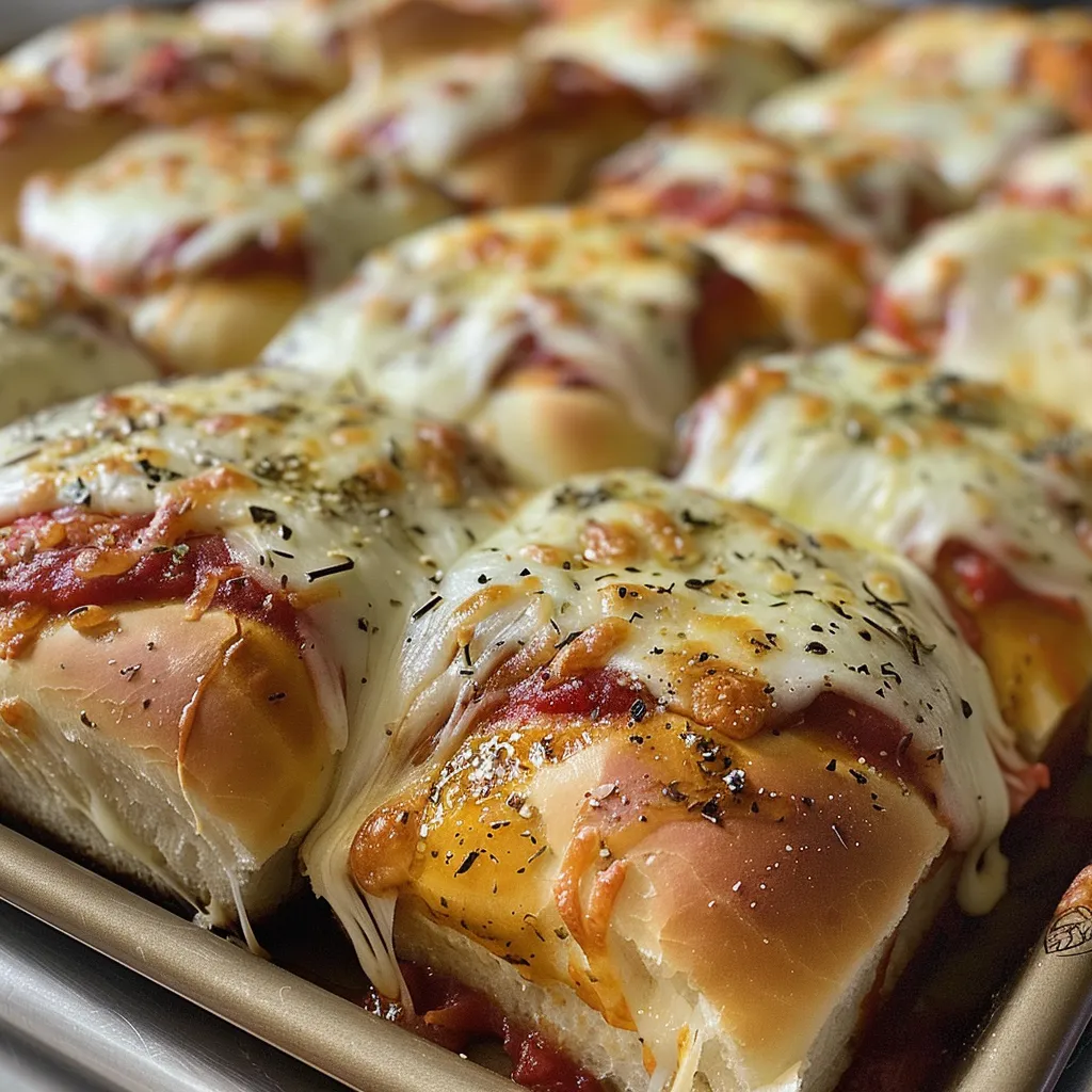 Tempting pizza sliders with pepperoni, cheese, and a drizzle of hot honey, captured in vibrant detail.