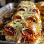 A tempting arrangement of pepperoni pizza sliders with a glossy finish from hot honey.