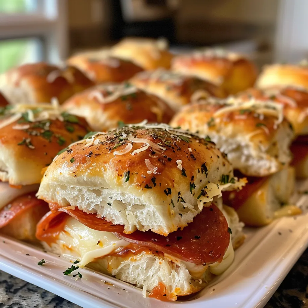Juicy pizza sliders stacked on a plate, showcasing molten cheese and spicy pepperoni.