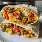 Juicy breakfast burritos stacked on a plate, revealing fresh diced peppers and onions inside.