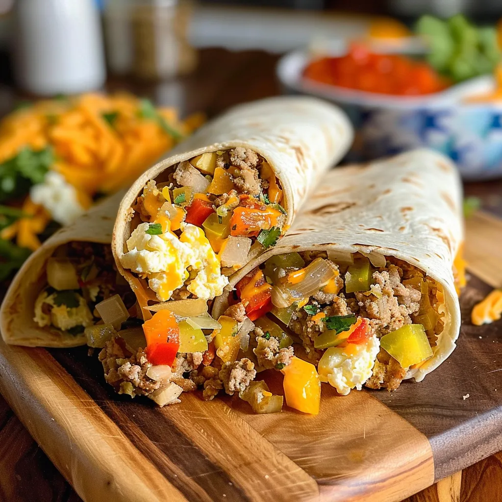 A delicious breakfast burrito with a golden tortilla, filled with lean meat, eggs, and a sprinkle of cilantro.