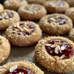 A cluster of Raspberry Almond Thumbprint Cookies featuring a glossy jam and buttery texture.