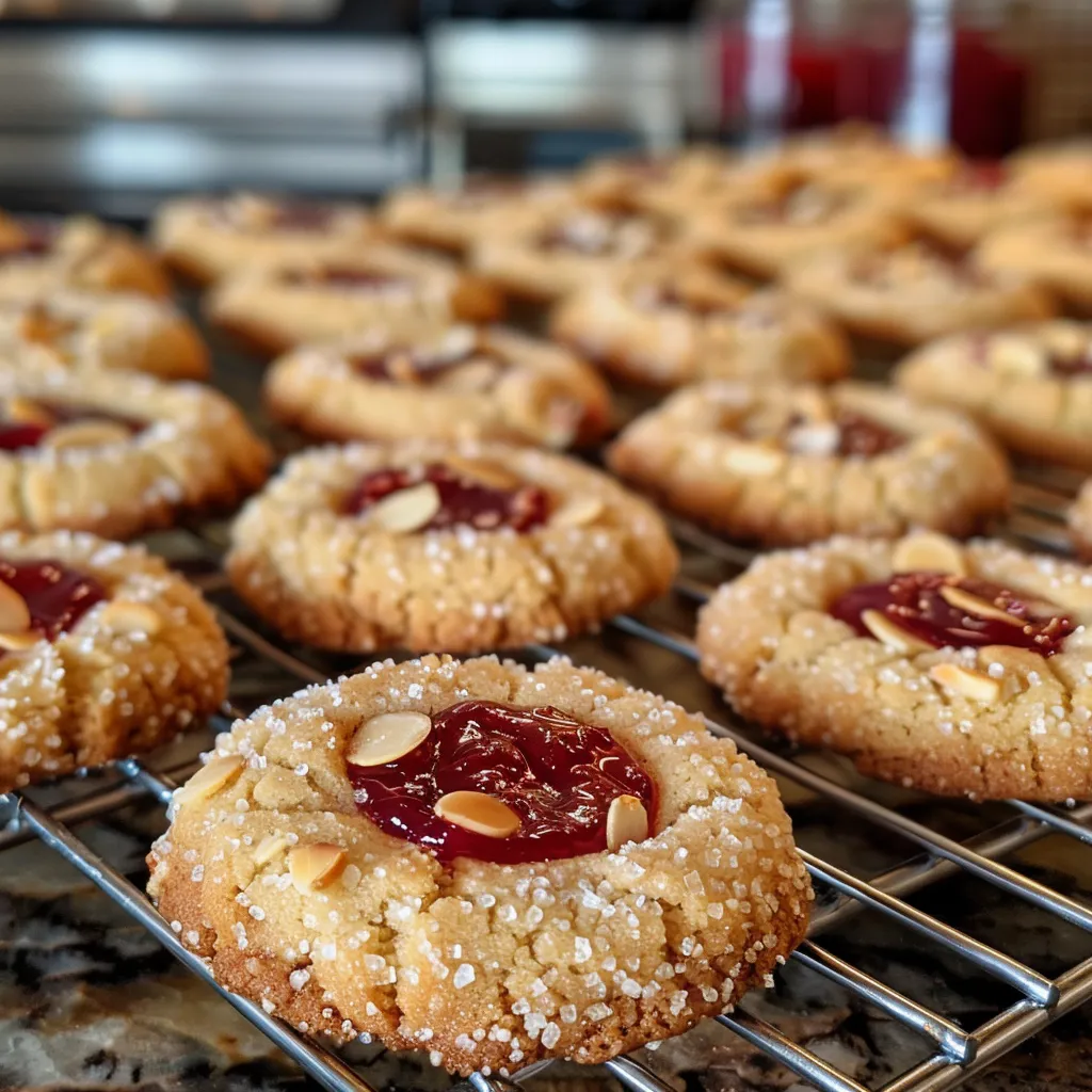 Mouthwatering Raspberry Almond Thumbprint Cookies displayed, highlighting their inviting jam filling.