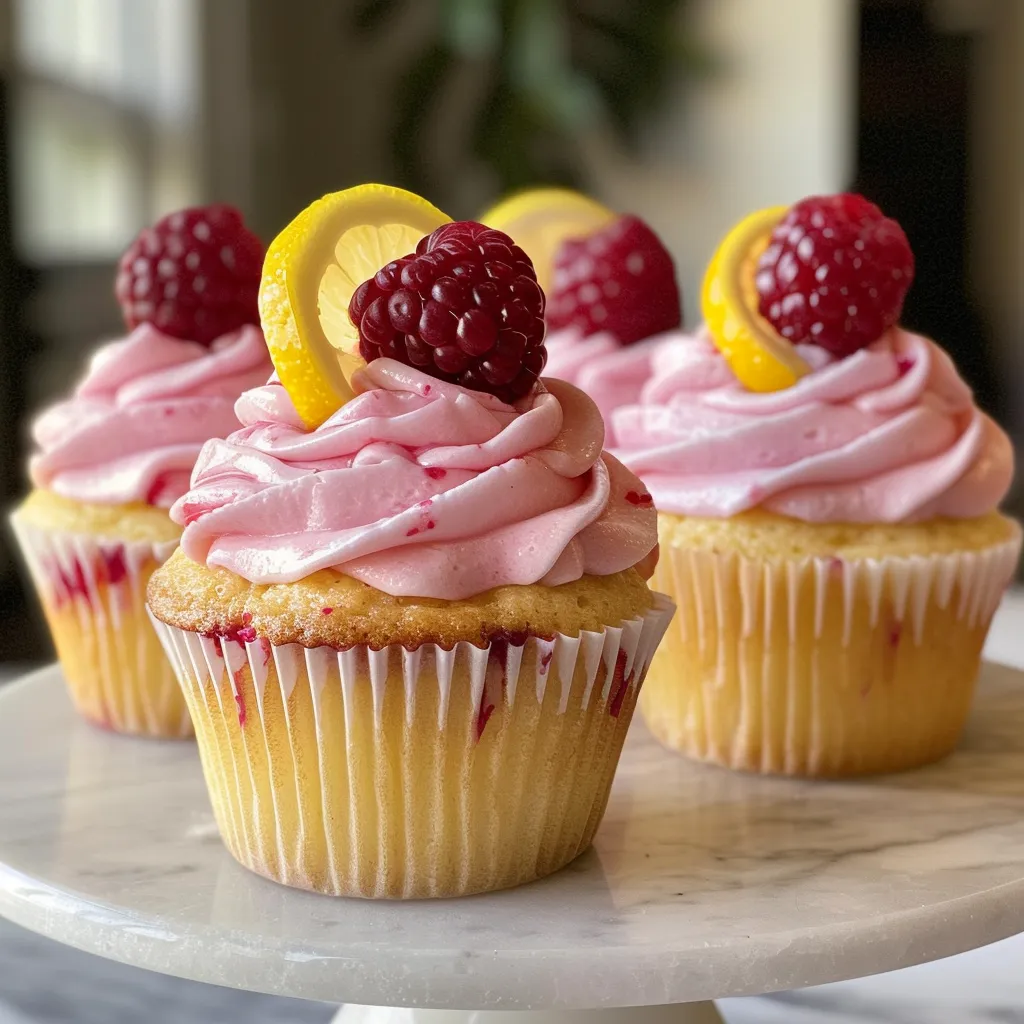 A tempting display of cupcakes featuring raspberry frosting, lemon garnish, and a hint of tartness.
