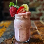 A vibrant pink strawberry banana smoothie in a plastic cup with ice, showcasing its creamy texture.