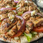 Juicy chicken pieces arranged with warm pita and colorful toppings like feta and tomatoes.