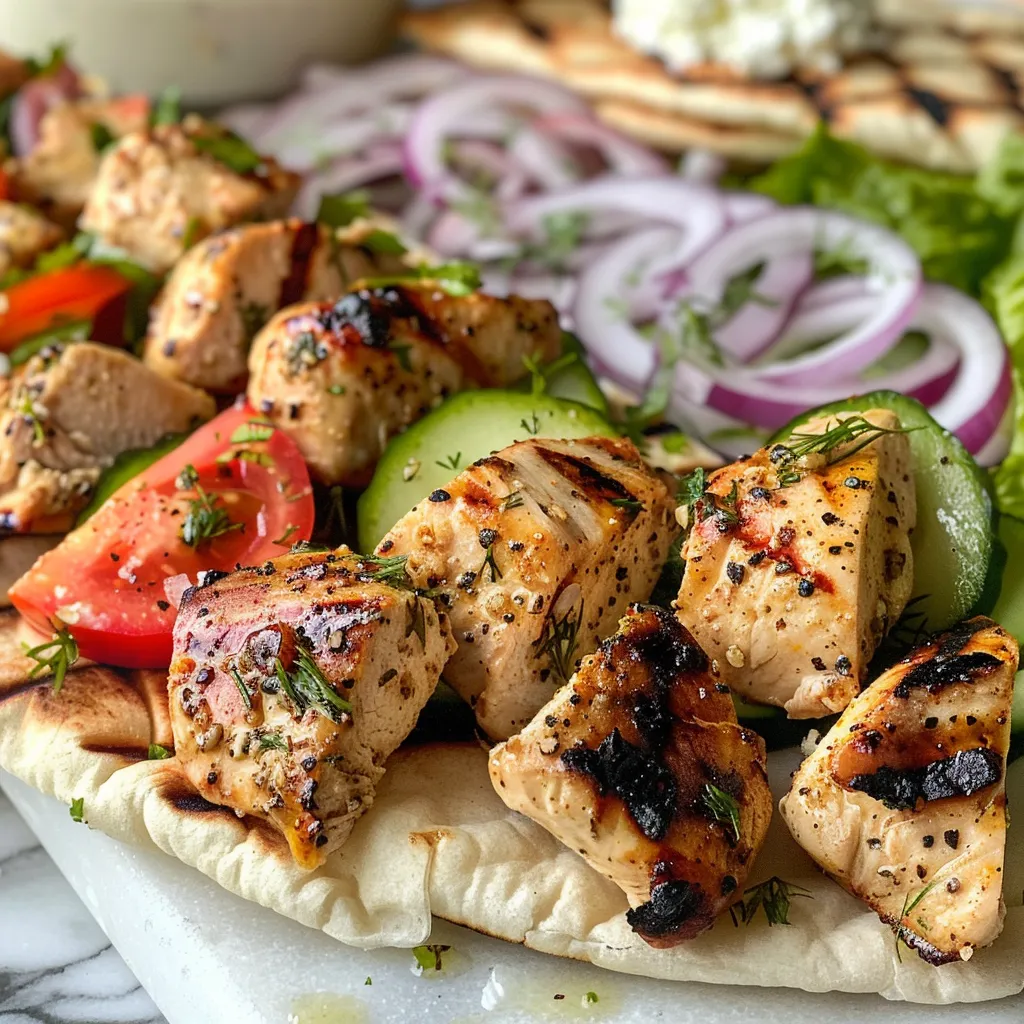 Detailed image of Greek chicken gyros showcasing herbs, spices, and bright ingredients.