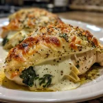 Detailed photo of stuffed chicken breast, revealing spinach and artichoke filling.