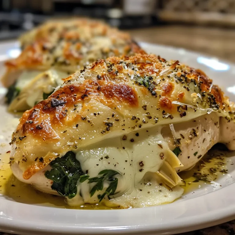 Detailed photo of stuffed chicken breast, revealing spinach and artichoke filling.