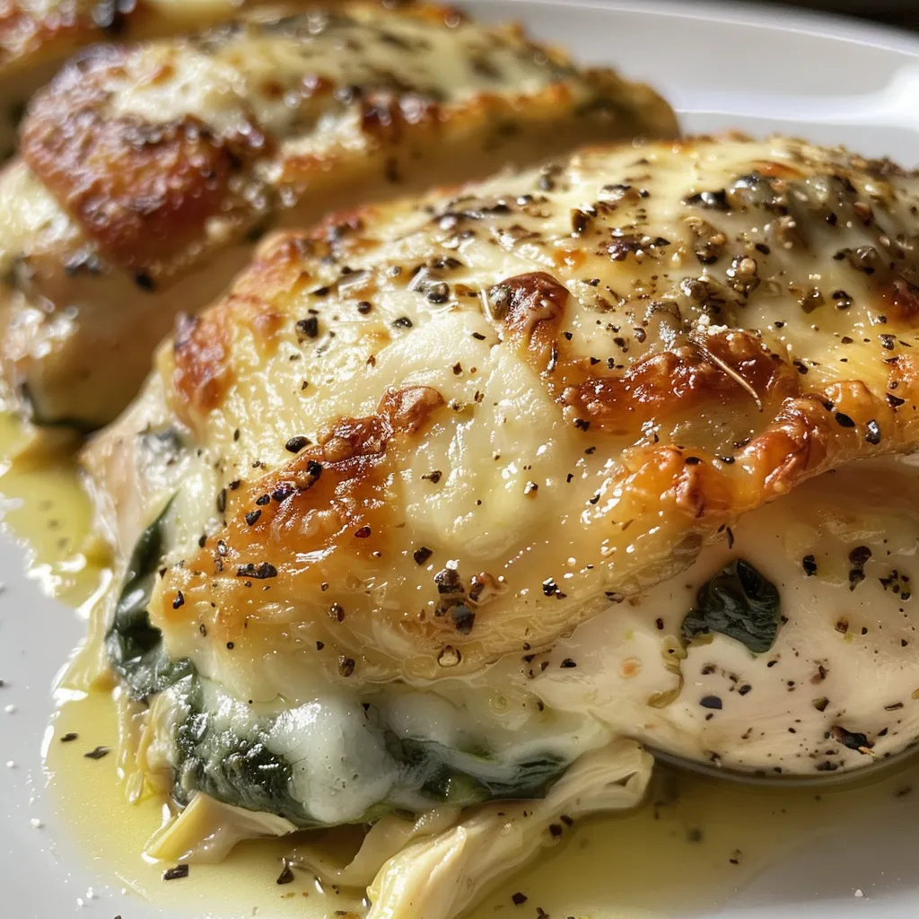 Juicy Spinach Artichoke Stuffed Chicken, highlighting the creamy texture and herbs.