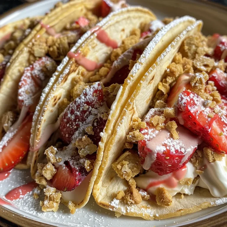 Appetizing Strawberry Crunch Cheesecake Tacos piled with diced strawberries and a rich cheesecake filling.