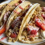 Juicy Strawberry Crunch Cheesecake Tacos on a plate showcasing the creamy filling.