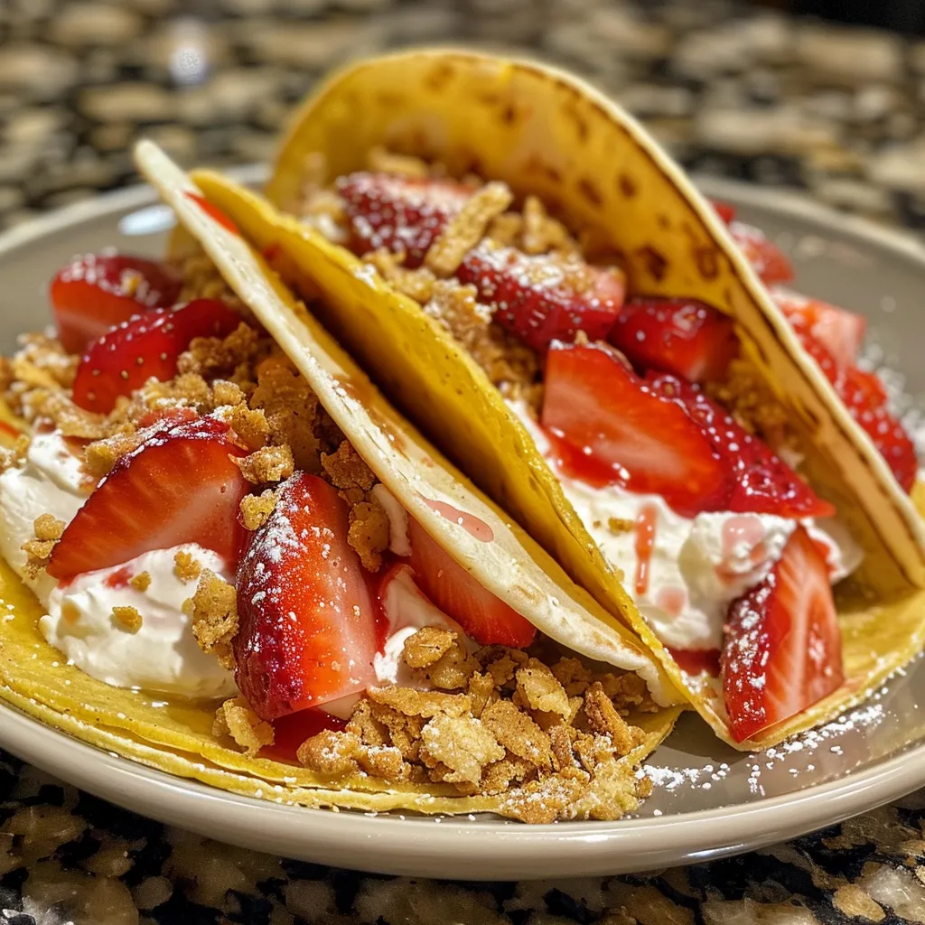Close-up of a vibrant Strawberry Crunch Cheesecake Taco, highlighting the texture and ingredients.