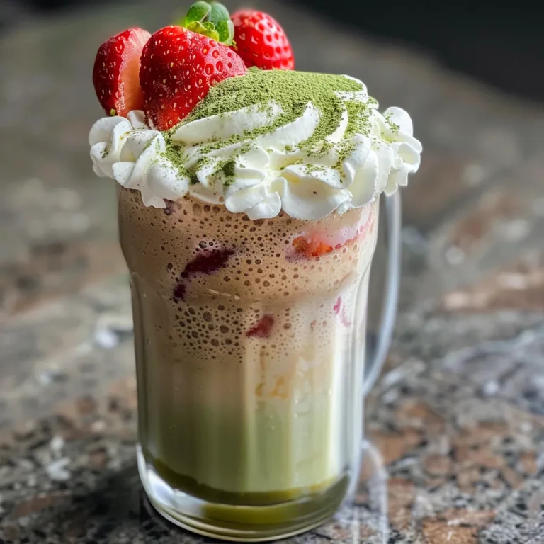 Elevate Your Mornings with a Refreshing Strawberry Matcha Latte Juicy strawberry matcha latte with a creamy texture, photographed from the side.