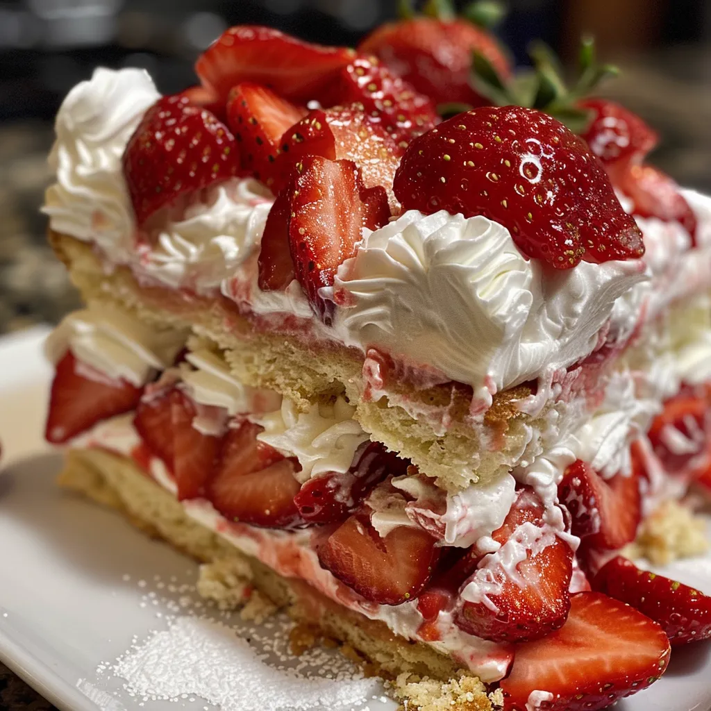 Juicy strawberries and whipped cream layered in a delicious Strawberry Shortcake Icebox Cake.
