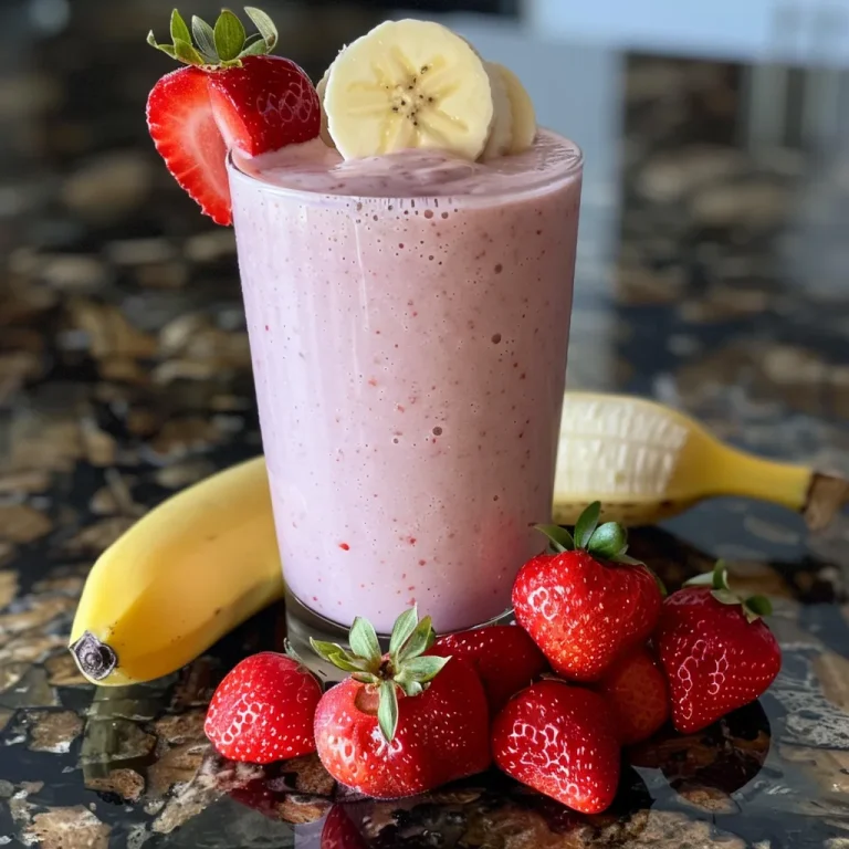 A nutritious protein smoothie featuring fresh strawberries and a slice of banana, served in a clear glass.