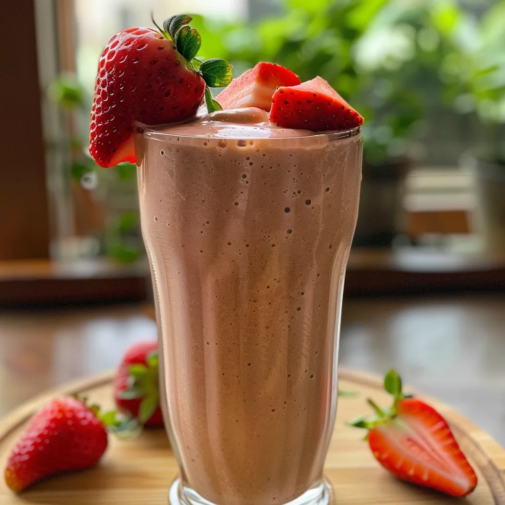 Creamy strawberry banana smoothie with a rich pink color, photographed from the side.