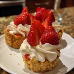 Juicy strawberry shortcake cups displayed with vibrant strawberries on top.