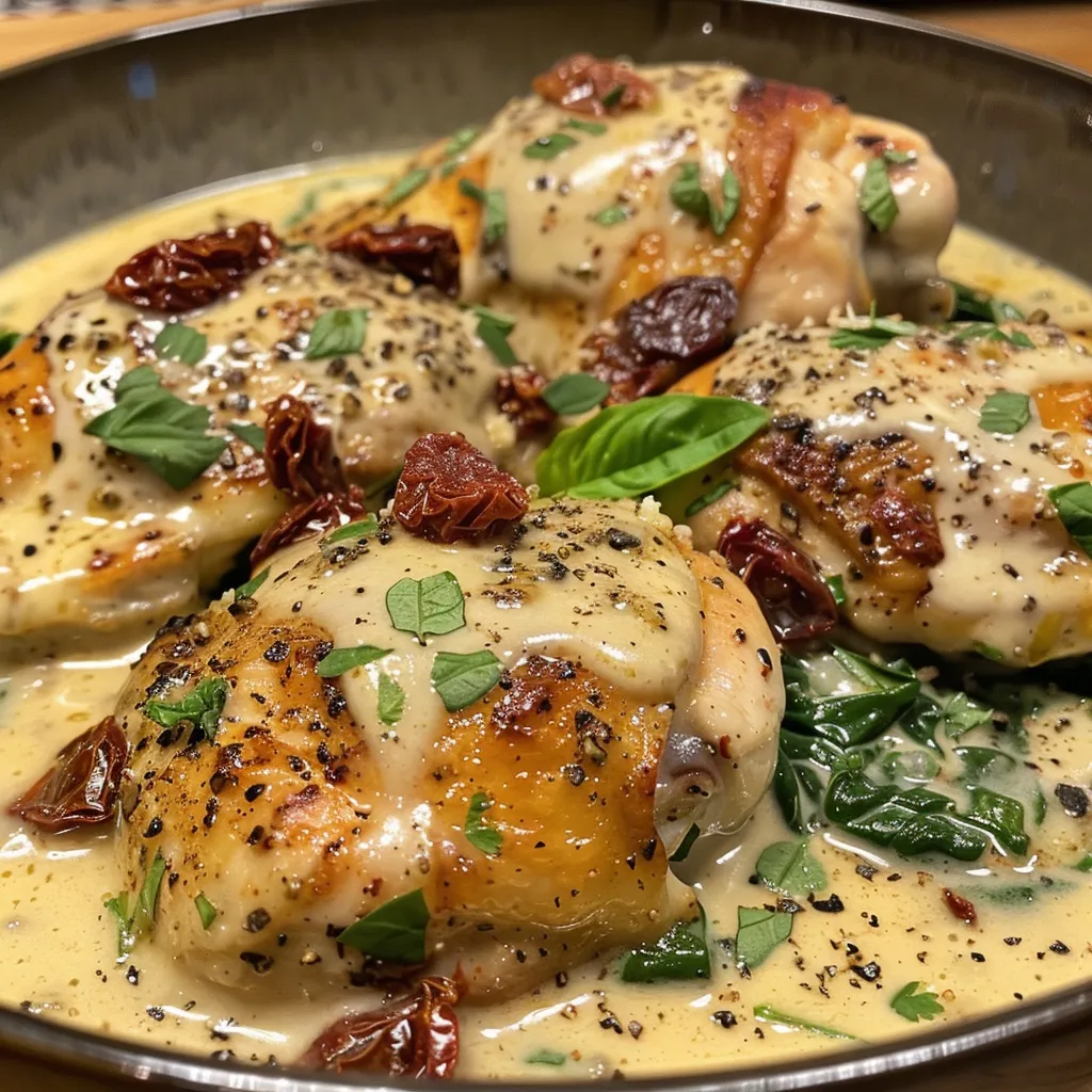 Delicately plated Tuscan chicken with vibrant colors and textures.