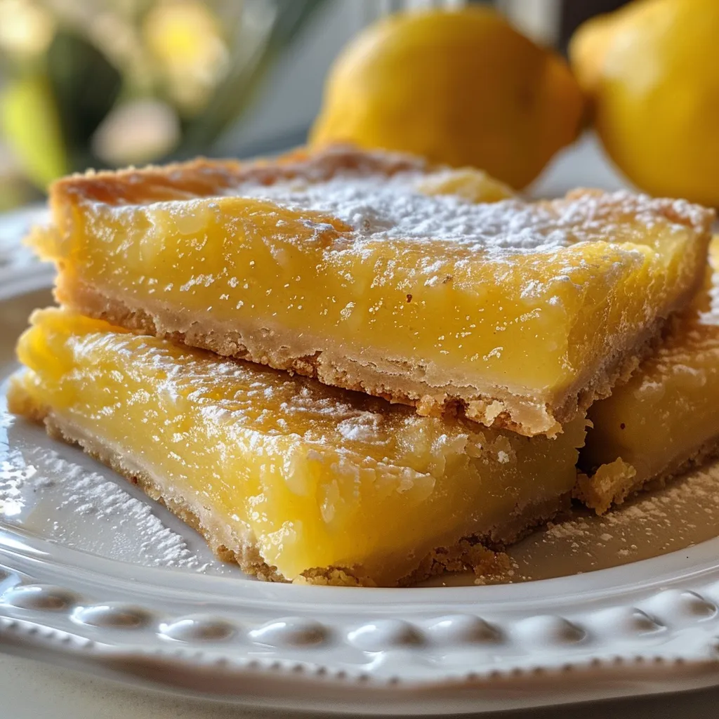 Vegan lemon bars presented on a white plate with lemon slices.
