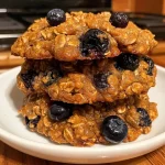 Close-up view of freshly baked blueberry oatmeal cookies stacked on a plate.