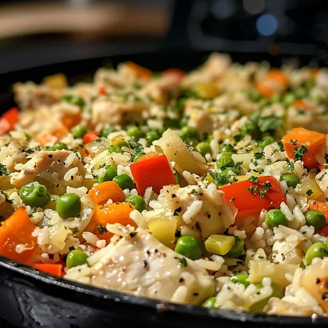 Close-up view of a vibrant chicken and vegetable rice skillet, showcasing colorful bell peppers, carrots, and peas.