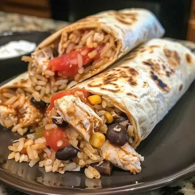 Elevate Your Home Cooking with a Flavor-Packed Chicken Burrito Close-up view of a juicy chicken burrito filled with colorful ingredients.