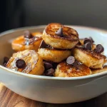 Close-up view of high protein pancake bites topped with mini chocolate chips.
