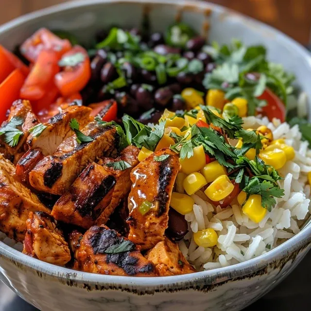 Elevate Your Weeknight Dinners with Flavorful Chipotle Chicken Bowls A close-up side view of Chipotle Chicken Bowls featuring grilled chicken, black beans, and cilantro lime rice.