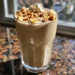 A close-up side view of a creamy vegan peanut butter banana smoothie in a glass, garnished with nuts and cacao nibs.