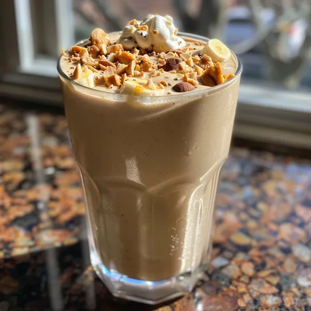 A close-up side view of a creamy vegan peanut butter banana smoothie in a glass, garnished with nuts and cacao nibs.