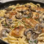 Juicy slices of chicken and mushrooms in creamy Alfredo sauce with fettuccine pasta.